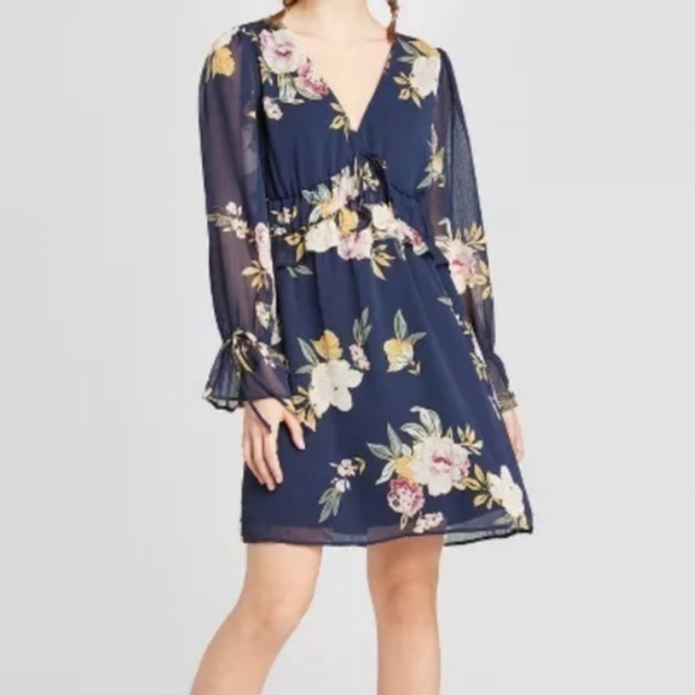 CLEARANCE NWOT Navy Blue Floral Long Sleeve Ruffle Dress New